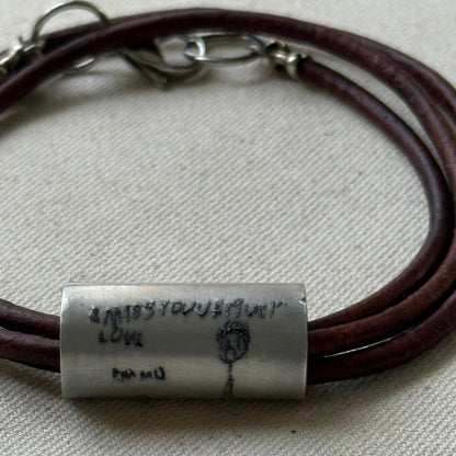Leather Bracelet with loved ones actual handwriting or childrens artwork engraved - drae designs jewelry
