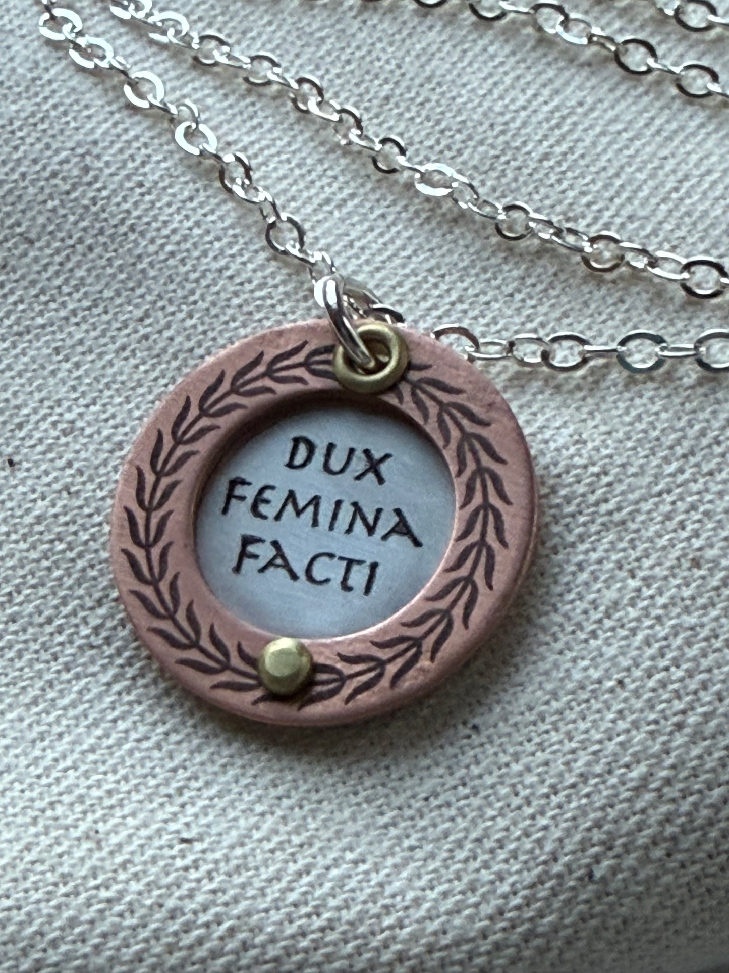Sterling Silver and Copper - Dux Femina Facti -  Latin Phrase Necklace- a Woman was the Leader of the Deed - the Aneid