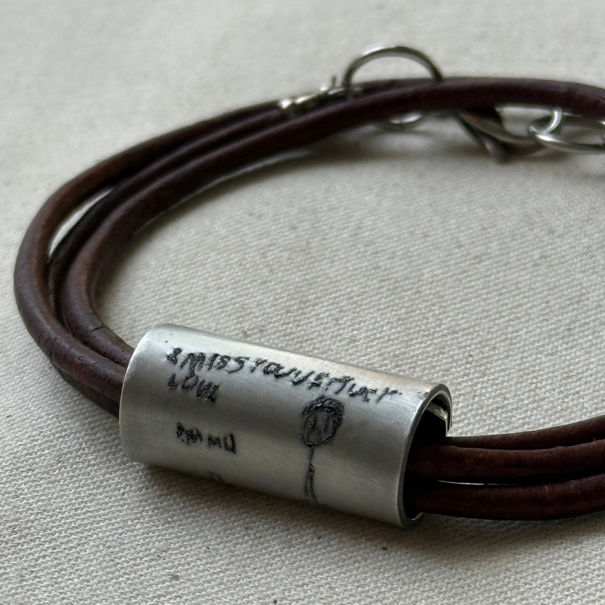 Leather Bracelet with loved ones actual handwriting or childrens artwork engraved - drae designs jewelry