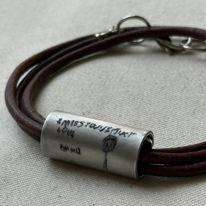 Leather Bracelet with loved ones actual handwriting or childrens artwork engraved - drae designs jewelry