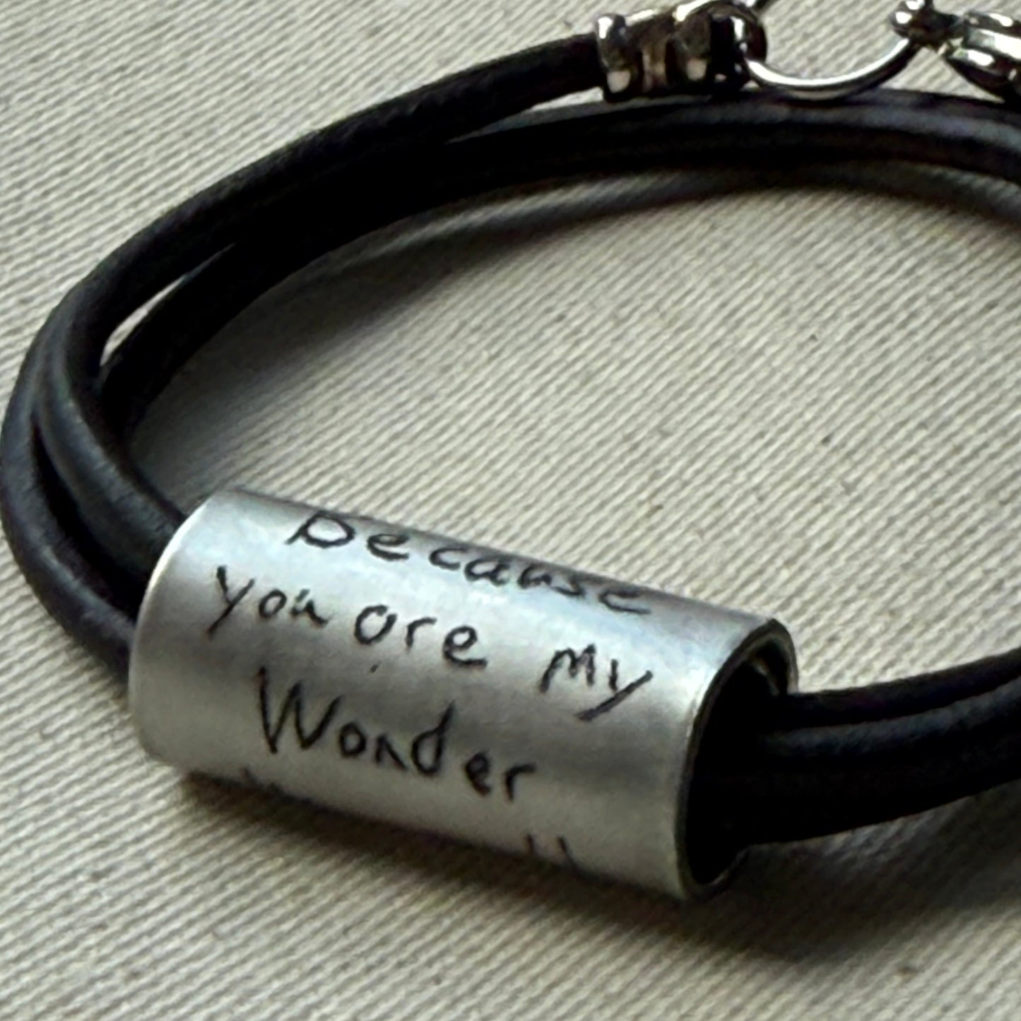 Leather Bracelet with loved ones actual handwriting or childrens artwork engraved - drae designs jewelry
