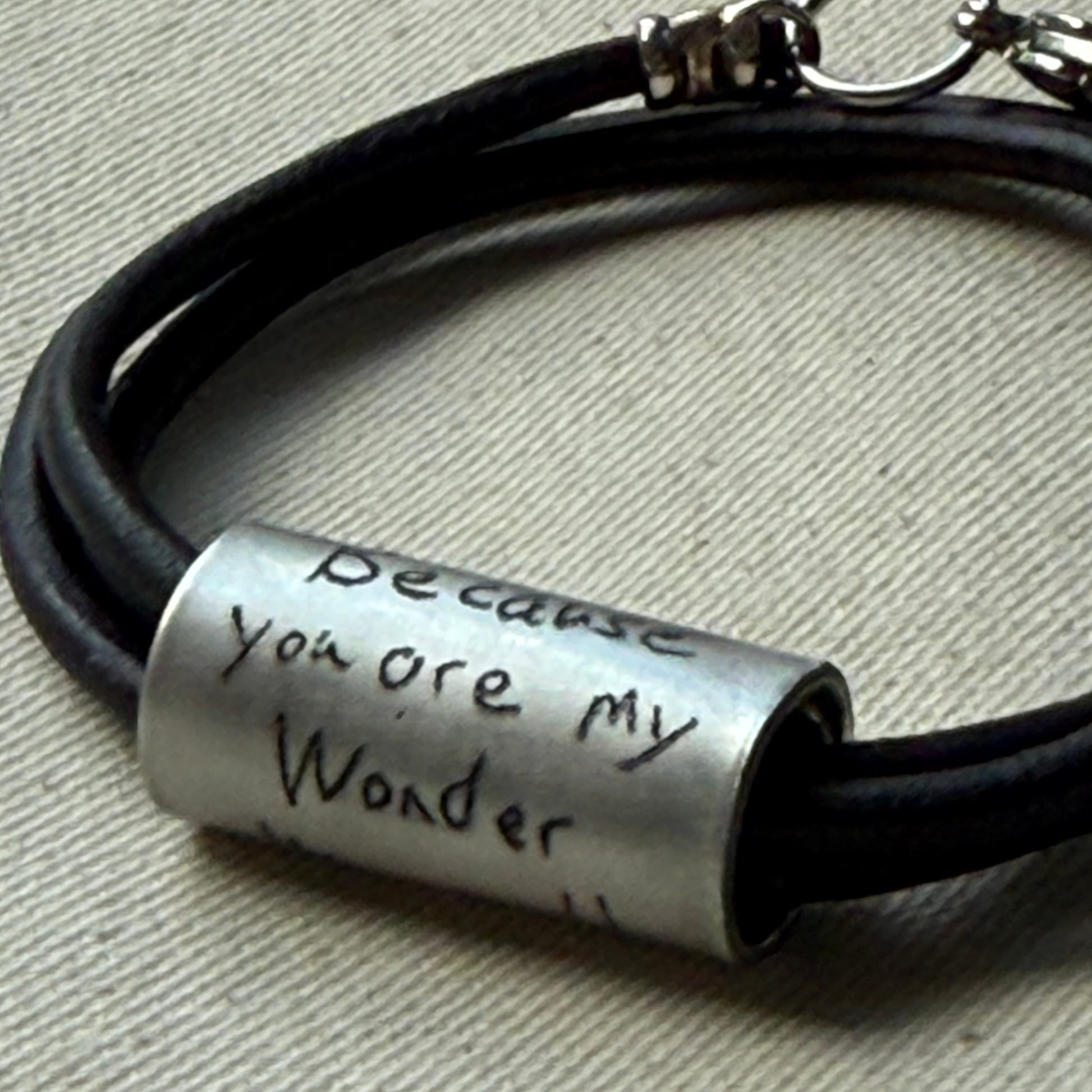 Leather Bracelet with loved ones actual handwriting or childrens artwork engraved - drae designs jewelry