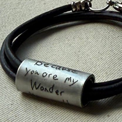 Leather Bracelet with loved ones actual handwriting or childrens artwork engraved - drae designs jewelry