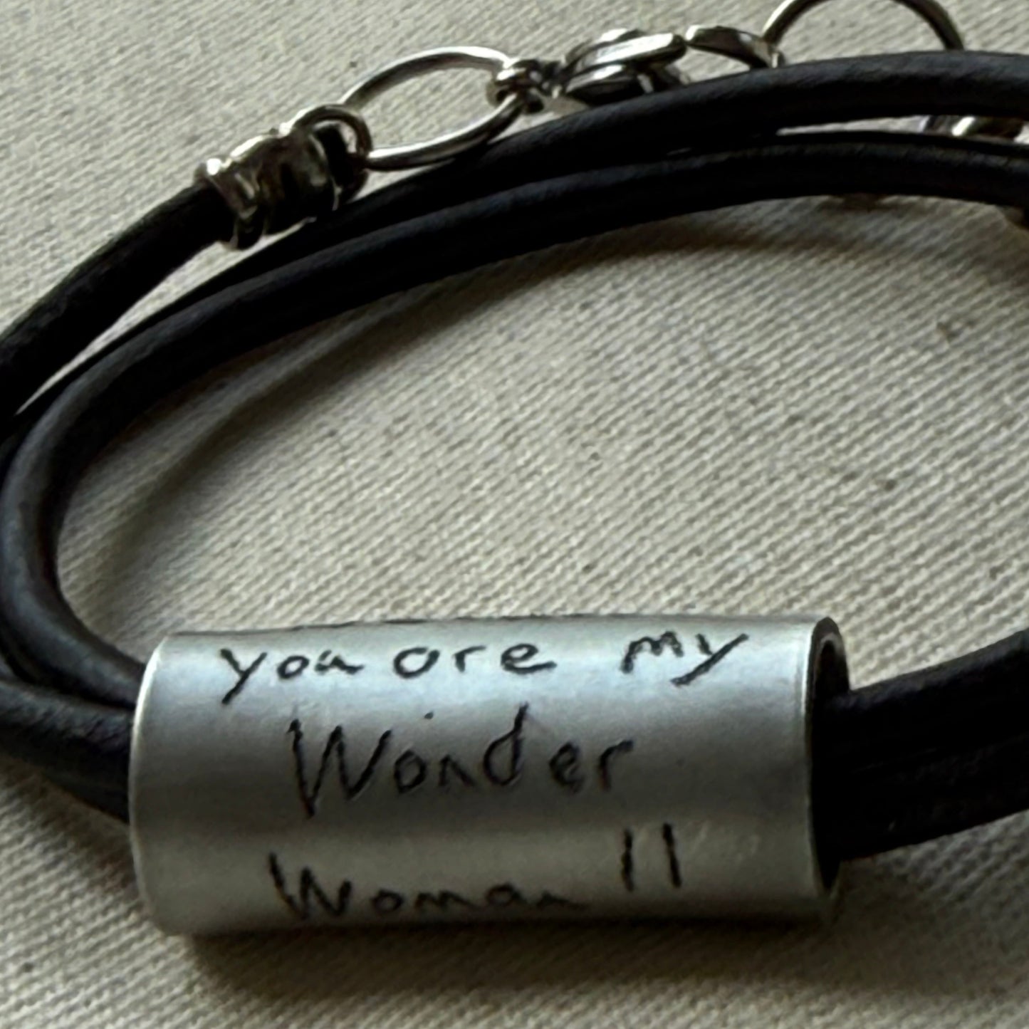 Leather Bracelet with loved ones actual handwriting or childrens artwork engraved - drae designs jewelry