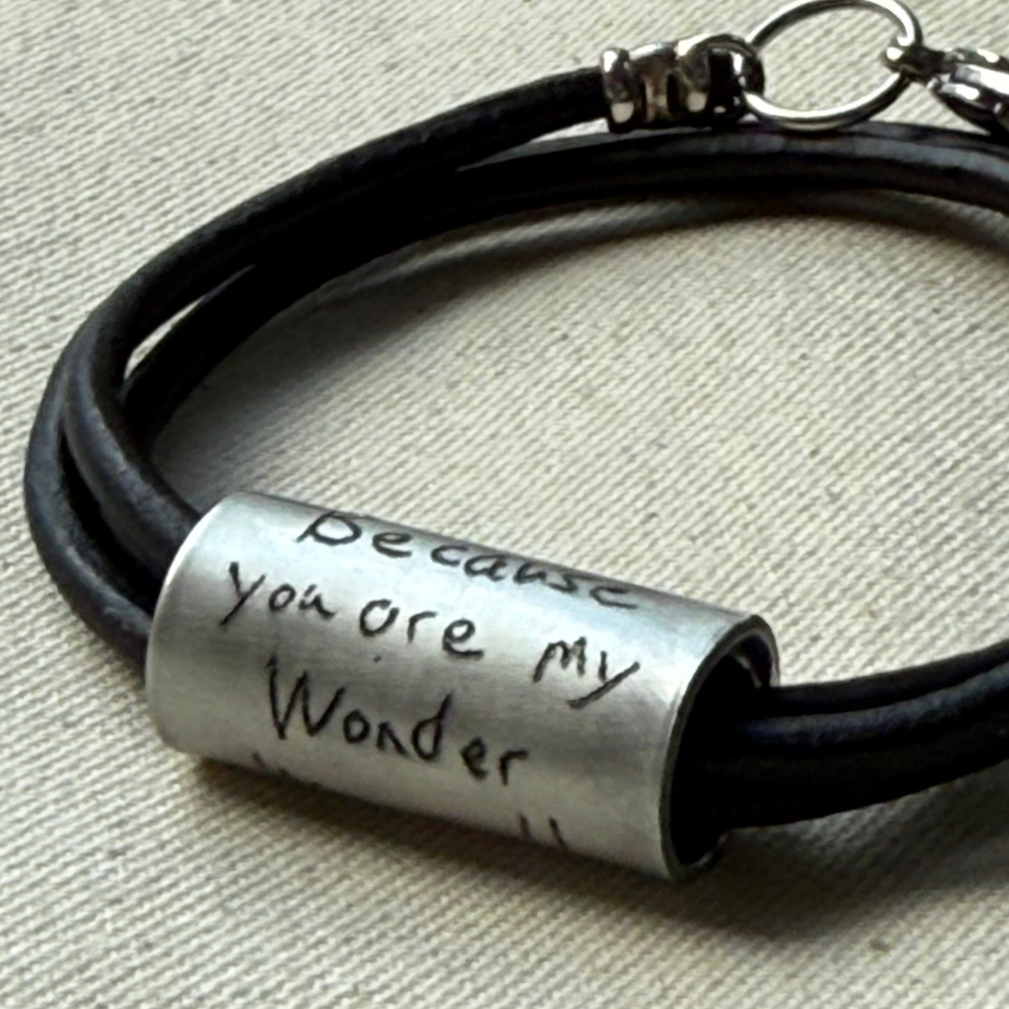 Leather Bracelet with loved ones actual handwriting or childrens artwork engraved - drae designs jewelry