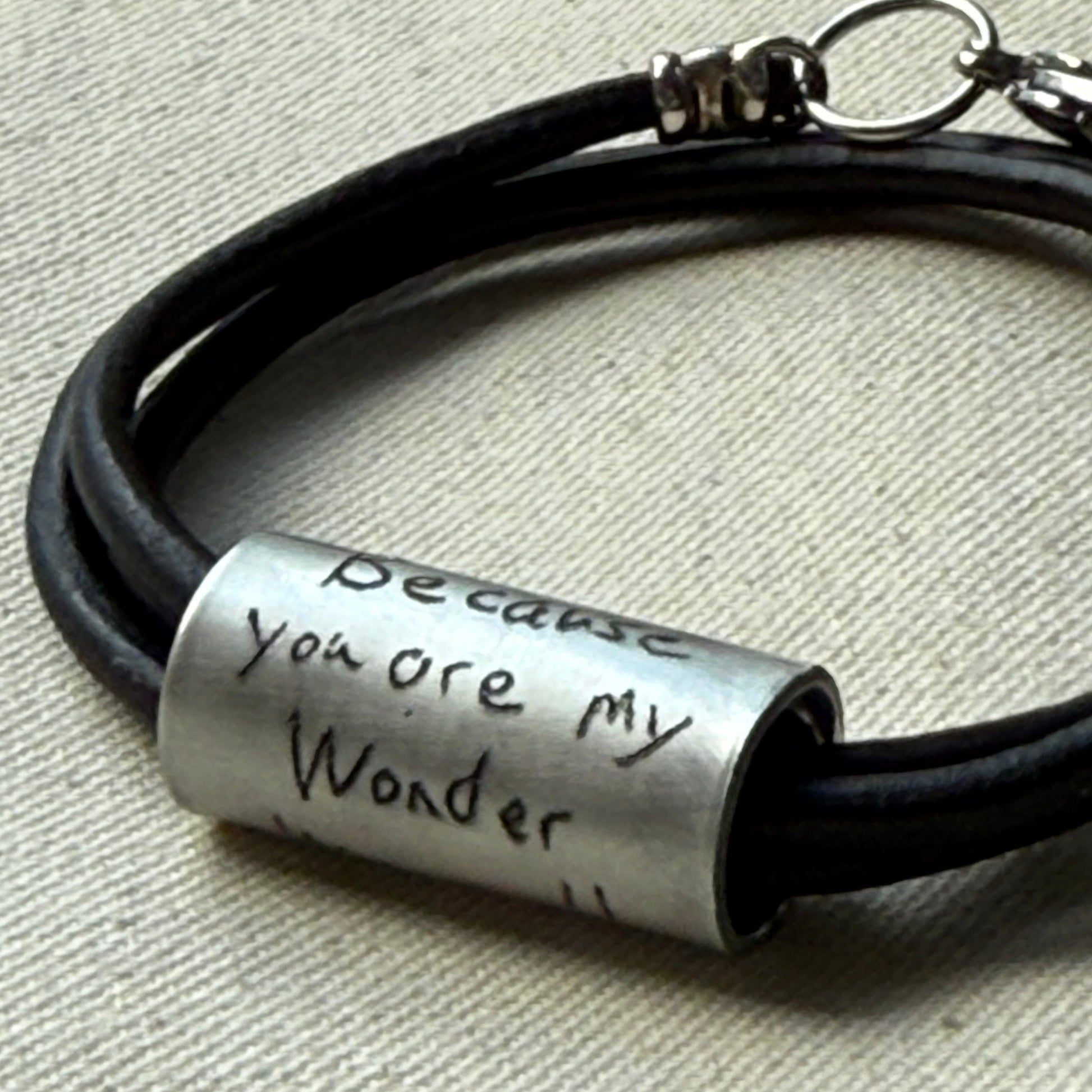 Leather Bracelet with loved ones actual handwriting or childrens artwork engraved - drae designs jewelry