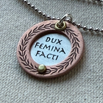 Sterling Silver and Copper - Dux Femina Facti -  Latin Phrase Necklace- a Woman was the Leader of the Deed - the Aneid