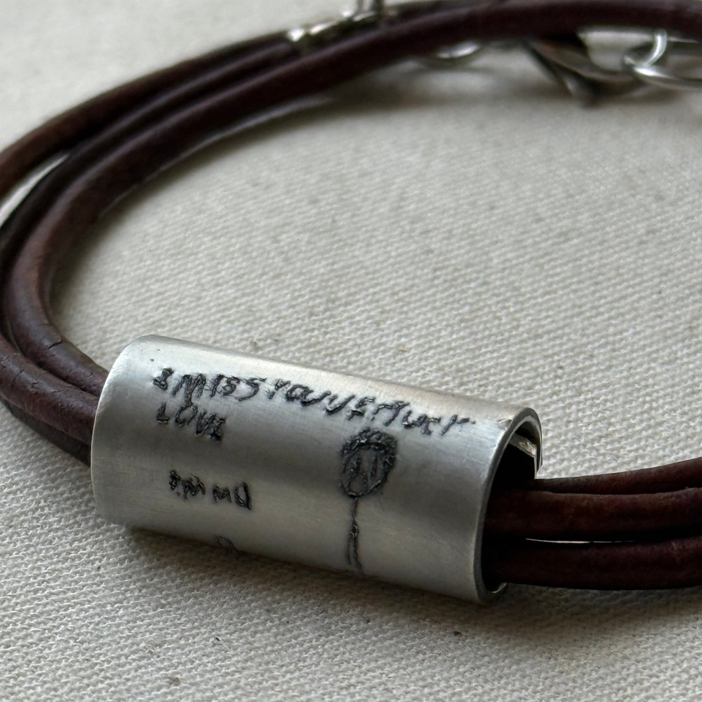 Leather Bracelet with loved ones actual handwriting or childrens artwork engraved - drae designs jewelry