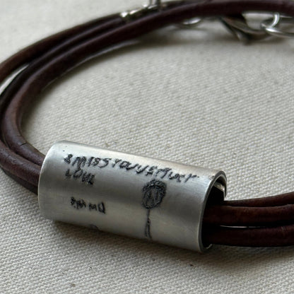 Leather Bracelet with loved ones actual handwriting or childrens artwork engraved - drae designs jewelry