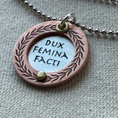 Sterling Silver and Copper - Dux Femina Facti -  Latin Phrase Necklace- a Woman was the Leader of the Deed - the Aneid