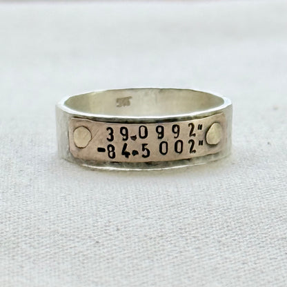Sterling silver and copper hammered latitude longitude ring for men or women - drake designs jewelry