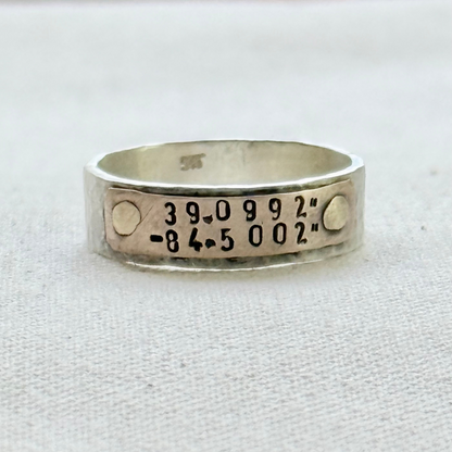 Sterling silver and copper hammered latitude longitude ring for men or women - drake designs jewelry