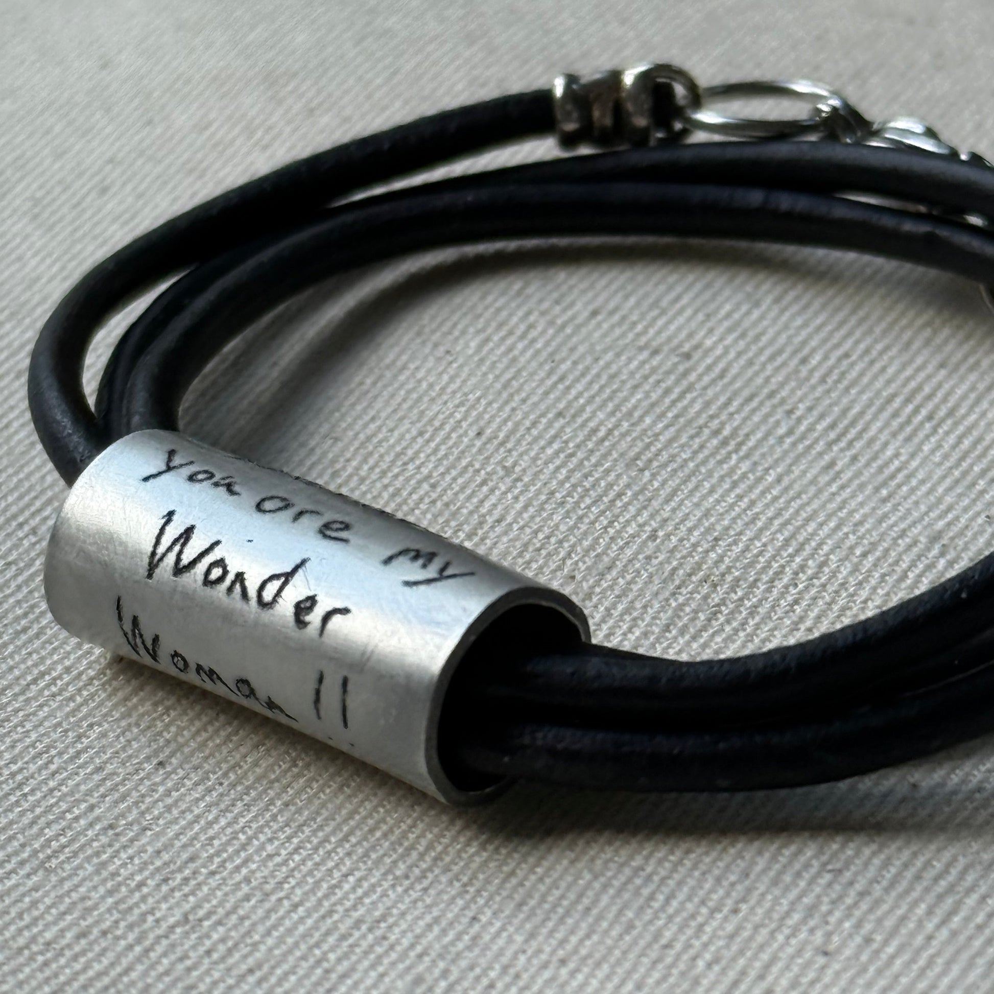 Leather Bracelet with loved ones actual handwriting or childrens artwork engraved - drae designs jewelry