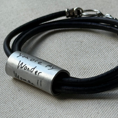 Leather Bracelet with loved ones actual handwriting or childrens artwork engraved - drae designs jewelry