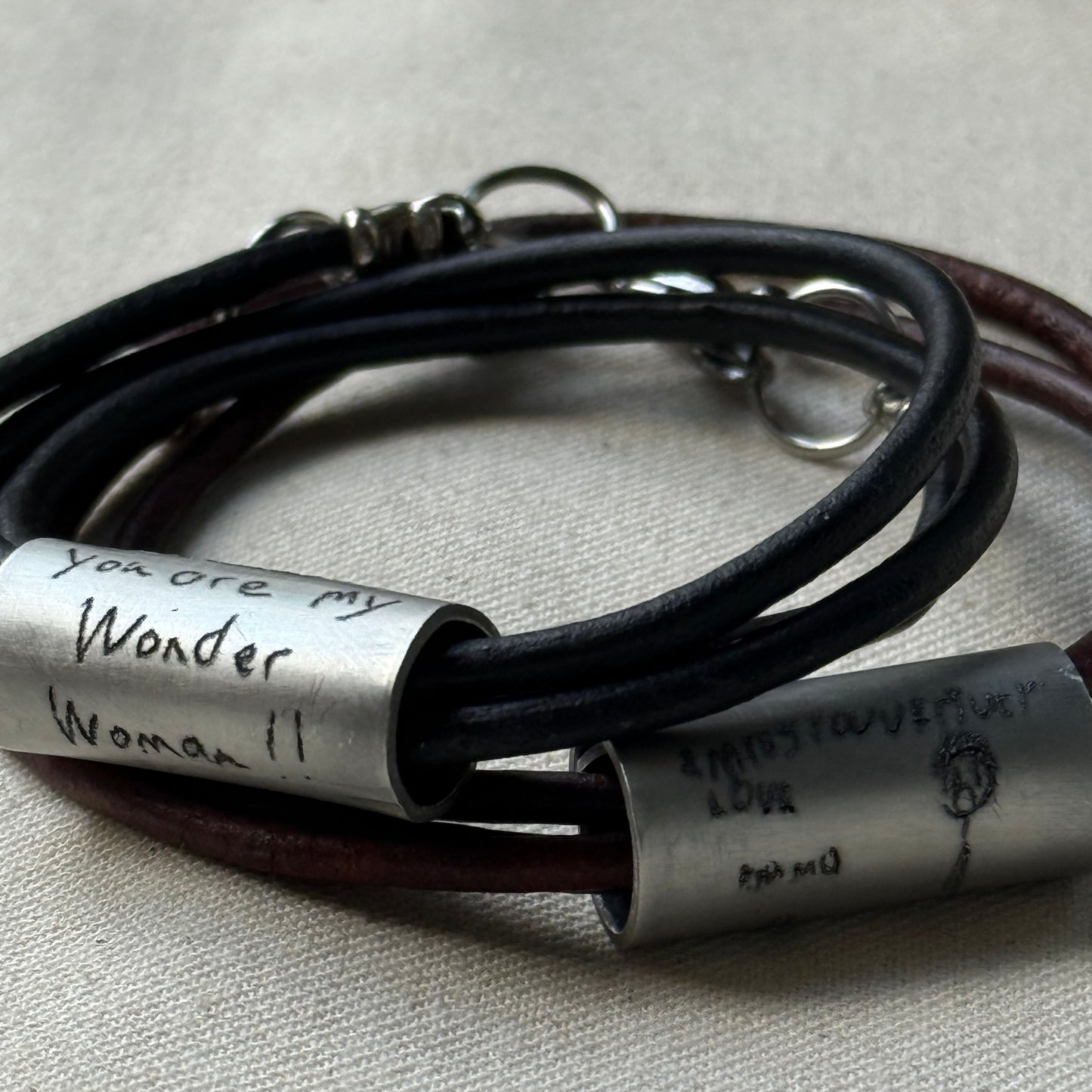 Leather Bracelet with loved ones actual handwriting or childrens artwork engraved - drae designs jewelry