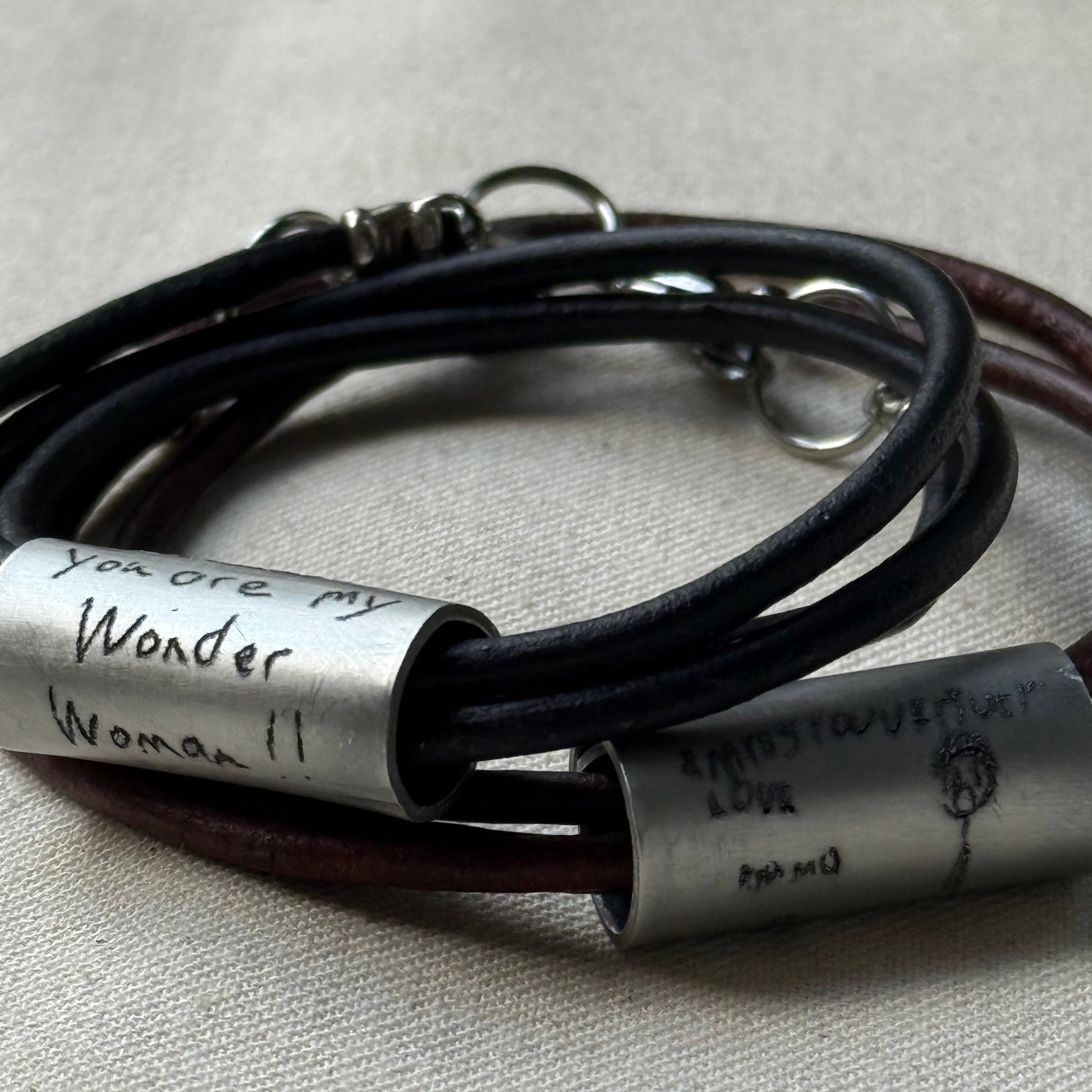 Leather Bracelet with loved ones actual handwriting or childrens artwork engraved - drae designs jewelry