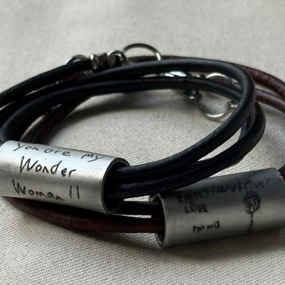 Leather Bracelet with loved ones actual handwriting or childrens artwork engraved - drae designs jewelry