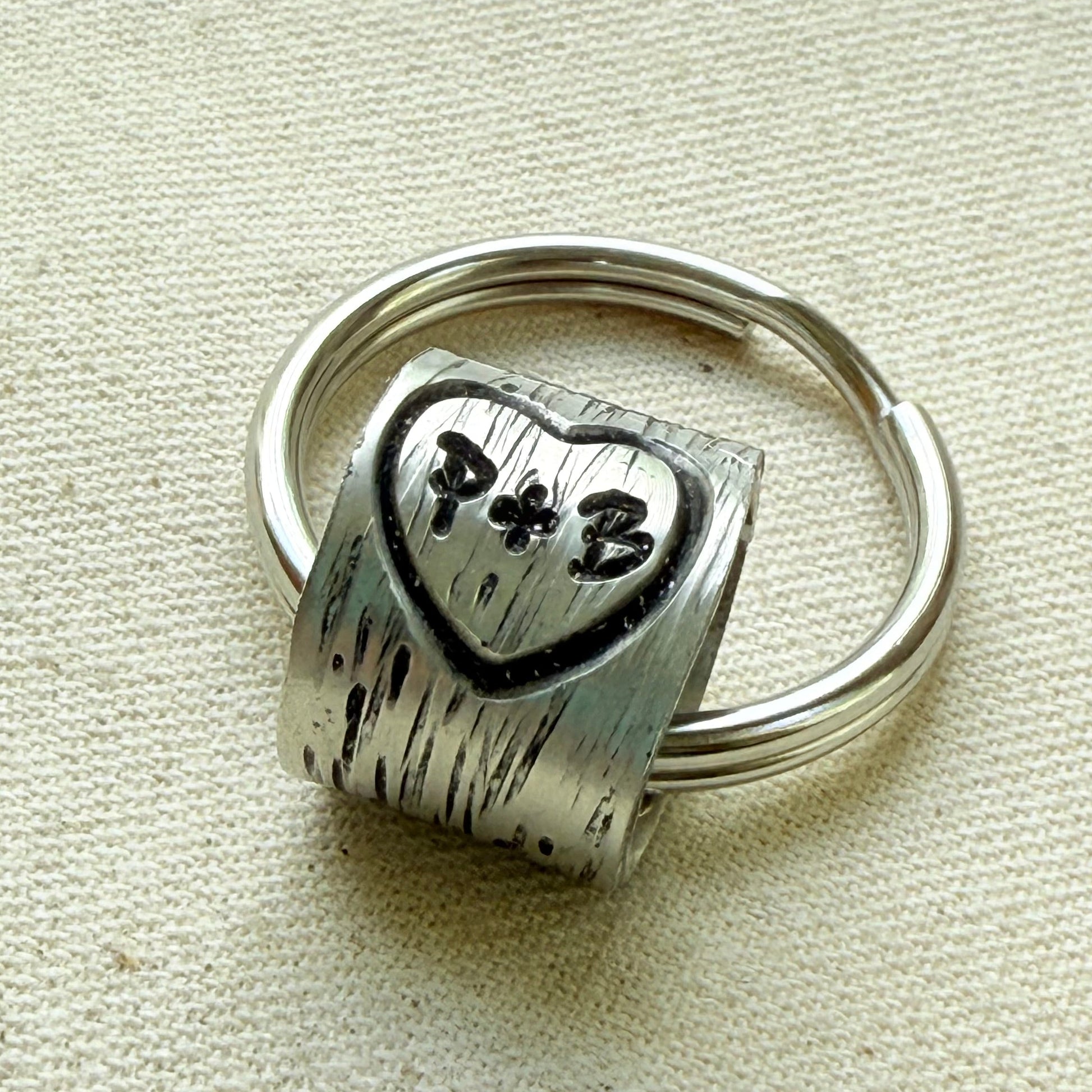 traditional 10th tin anniversary gift - tree textured with heart and initials carved tenth anniversary gift - drake designs jewelry
