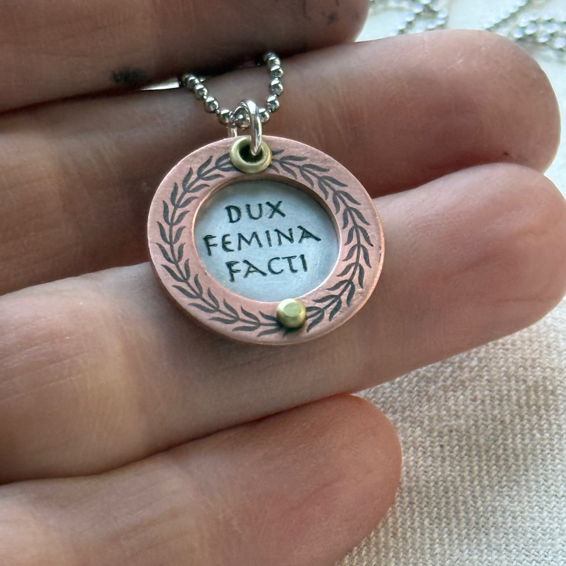 Dux Femina Facti necklace - sterling silver and copper inspirational motto for female leadership - Latin Phrase jewelry - Drake Designs Jewelry