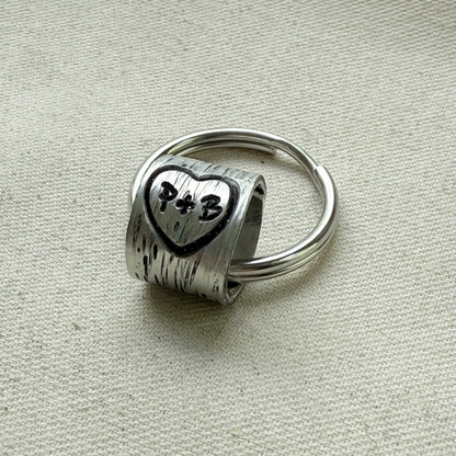 traditional 10th tin anniversary gift - tree textured with heart and initials carved tenth anniversary gift - drake designs jewelry