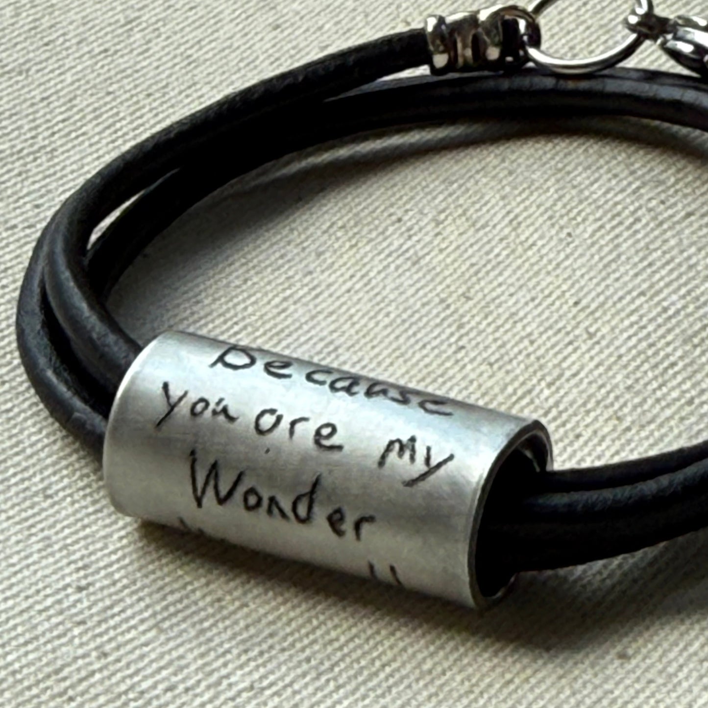 Leather Bracelet with loved ones actual handwriting or childrens artwork engraved - drae designs jewelry