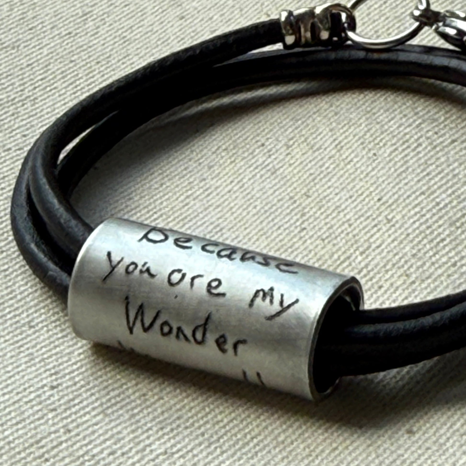 Leather Bracelet with loved ones actual handwriting or childrens artwork engraved - drae designs jewelry