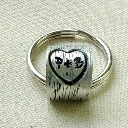 traditional 10th tin anniversary gift - tree textured with heart and initials carved tenth anniversary gift - drake designs jewelry