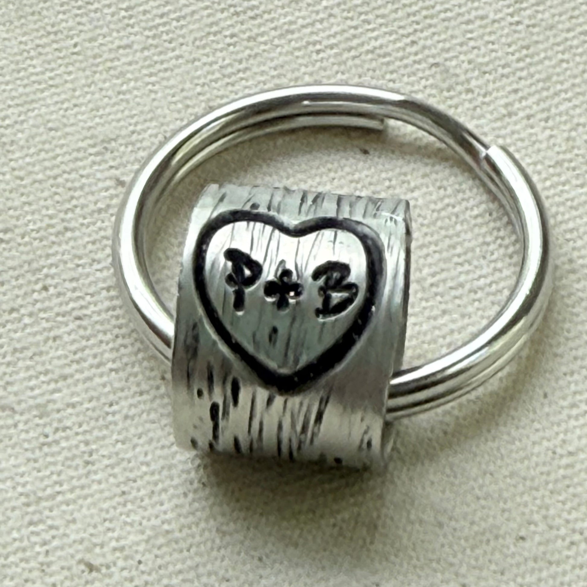 traditional 10th tin anniversary gift - tree textured with heart and initials carved tenth anniversary gift - drake designs jewelry