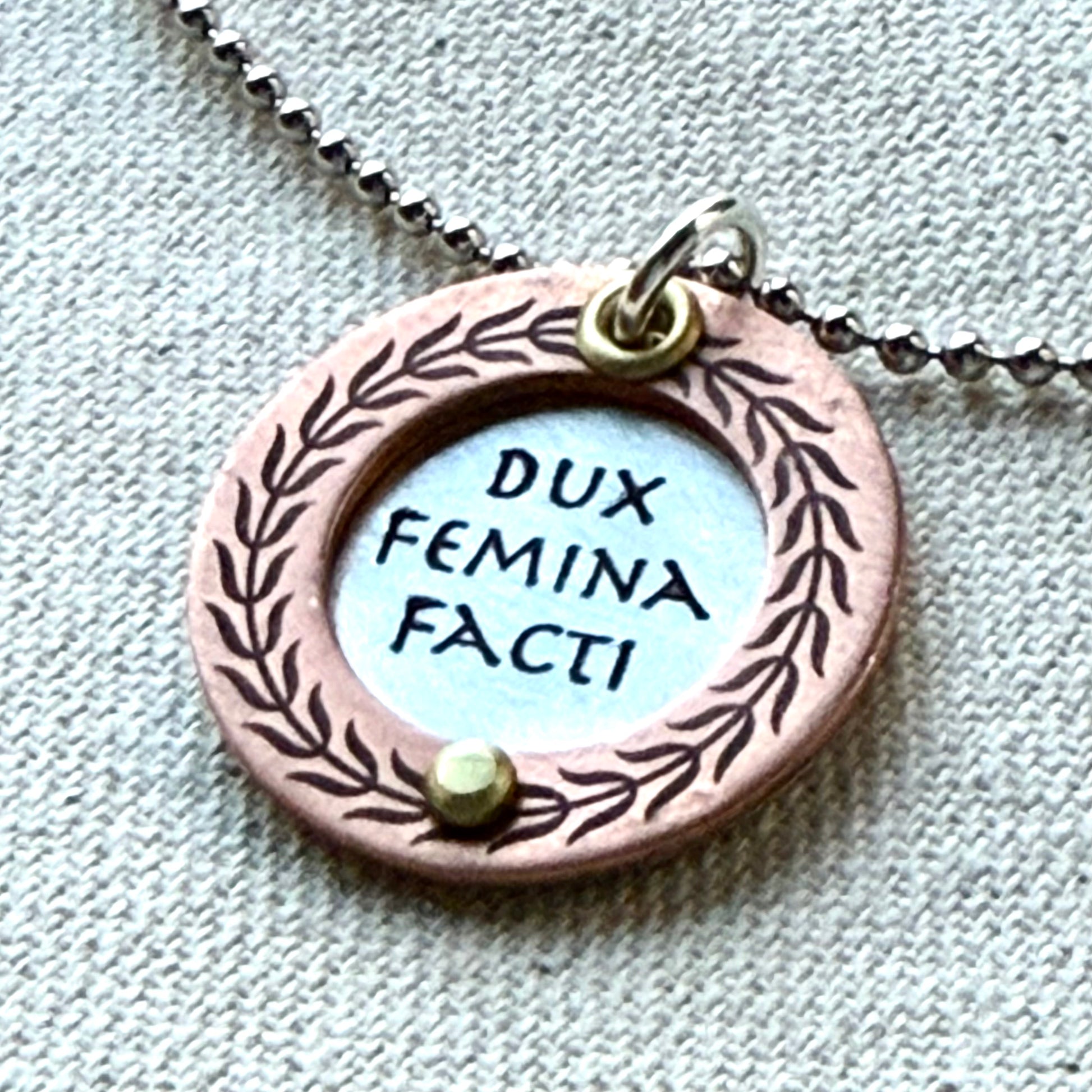 Dux Femina Facti necklace - sterling silver and copper with laurel wreath border - empowering women - inspirational motto Latin Phrase jewelry - Drake Designs Jewelry