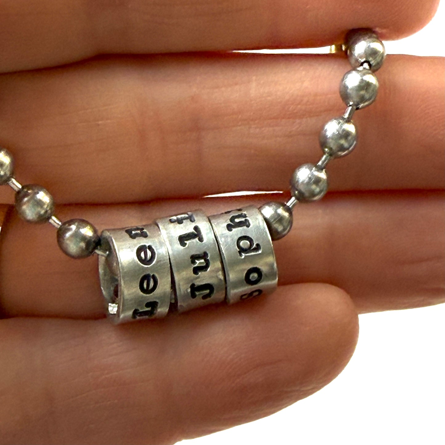 personalized silver name charm necklace for men and women - hand stamped with kids names in your choice of font - drake designs jewelry