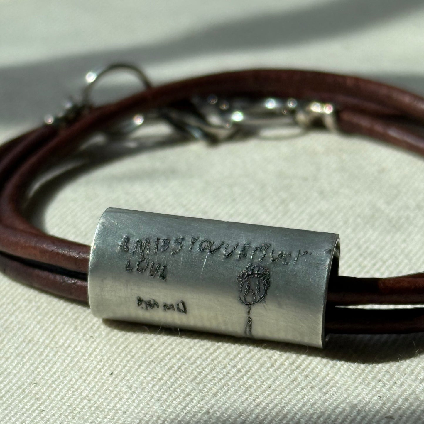 Leather Bracelet with loved ones actual handwriting or childrens artwork engraved - drae designs jewelry