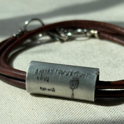 Leather Bracelet with loved ones actual handwriting or childrens artwork engraved - drae designs jewelry