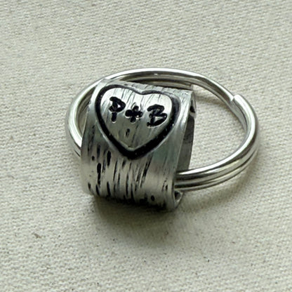 traditional 10th tin anniversary gift - tree textured with heart and initials carved tenth anniversary gift - drake designs jewelry