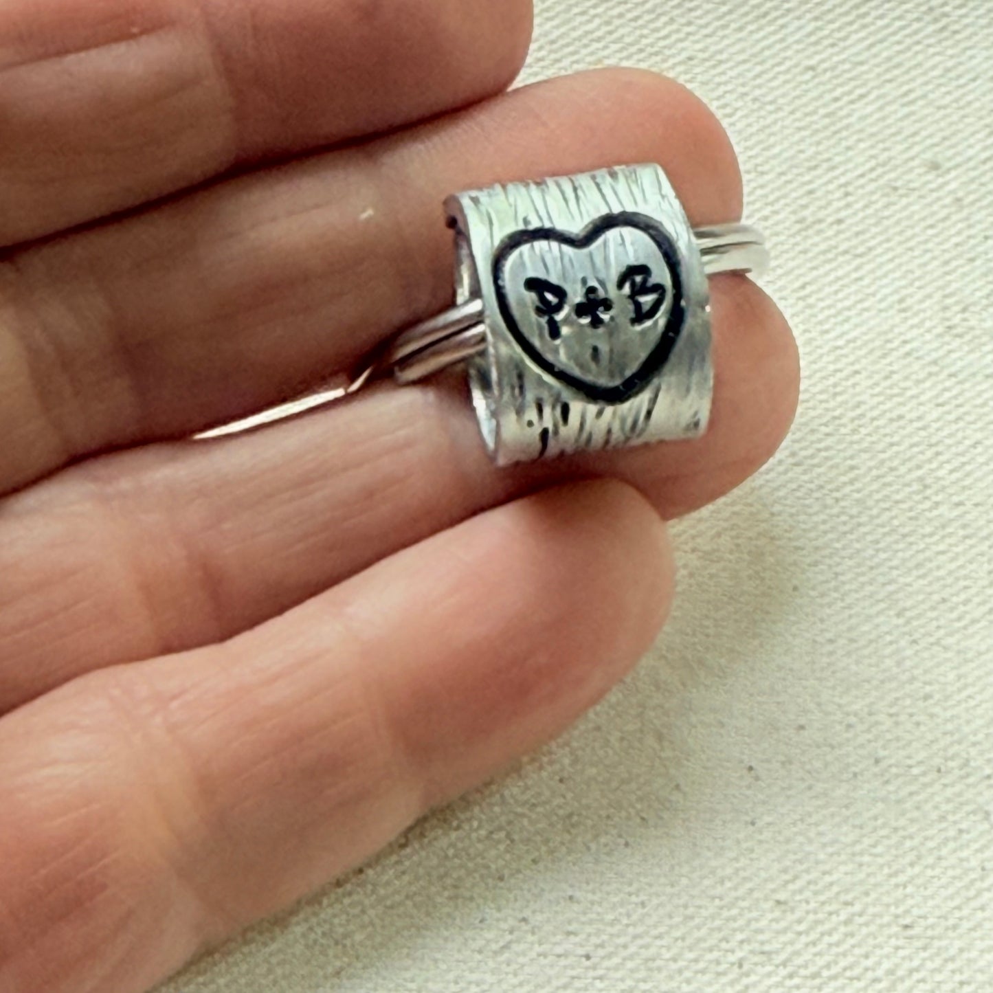 traditional 10th tin anniversary gift - tree textured with heart and initials carved tenth anniversary gift - drake designs jewelry