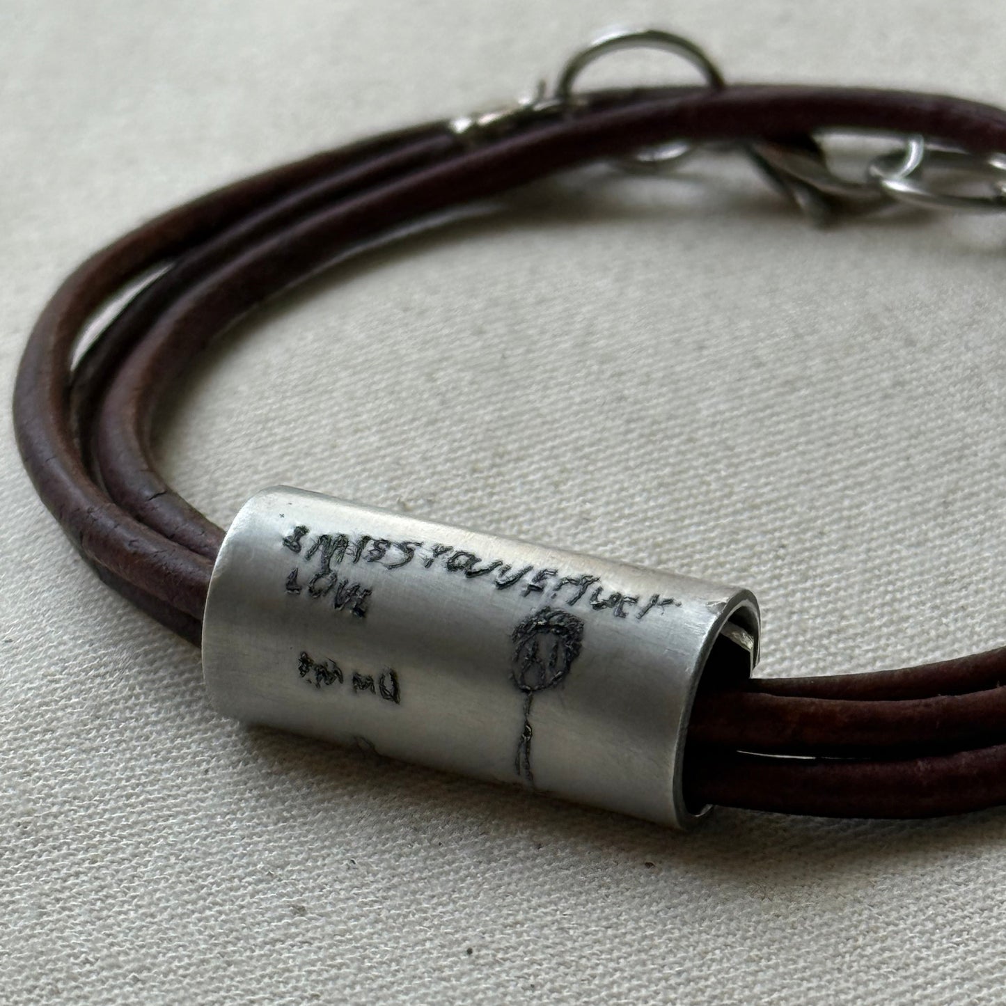 Leather Bracelet with loved ones actual handwriting or childrens artwork engraved - drae designs jewelry