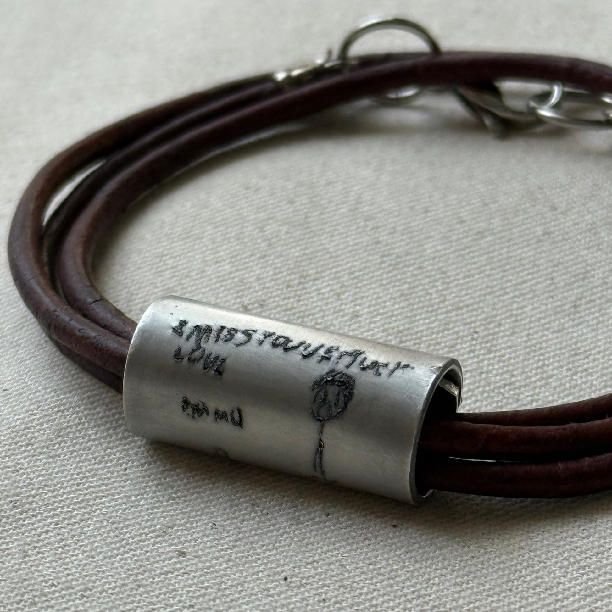 Leather Bracelet with loved ones actual handwriting or childrens artwork engraved - drae designs jewelry