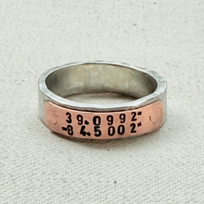 silver and copper hammered latitiude longitude ring for men or women - drake designs jewelry