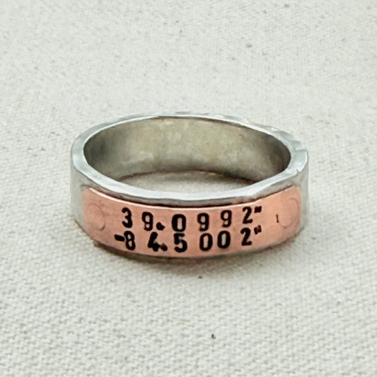 silver and copper hammered latitiude longitude ring for men or women - drake designs jewelry