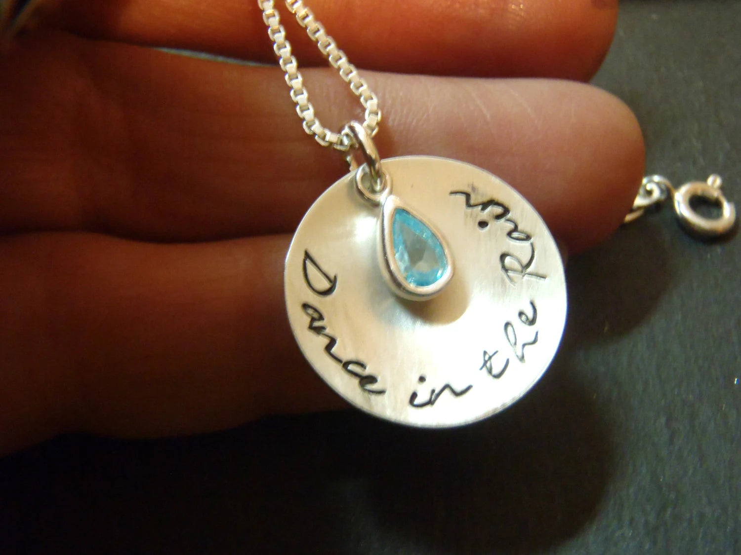 Dance in the rain sterling silver cupped pendant with bezel set blue aquamarine at center on a sterling silver box chain - drake designs jewelry