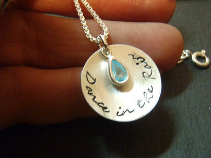 Dance in the rain sterling silver cupped pendant with bezel set blue aquamarine at center on a sterling silver box chain - drake designs jewelry