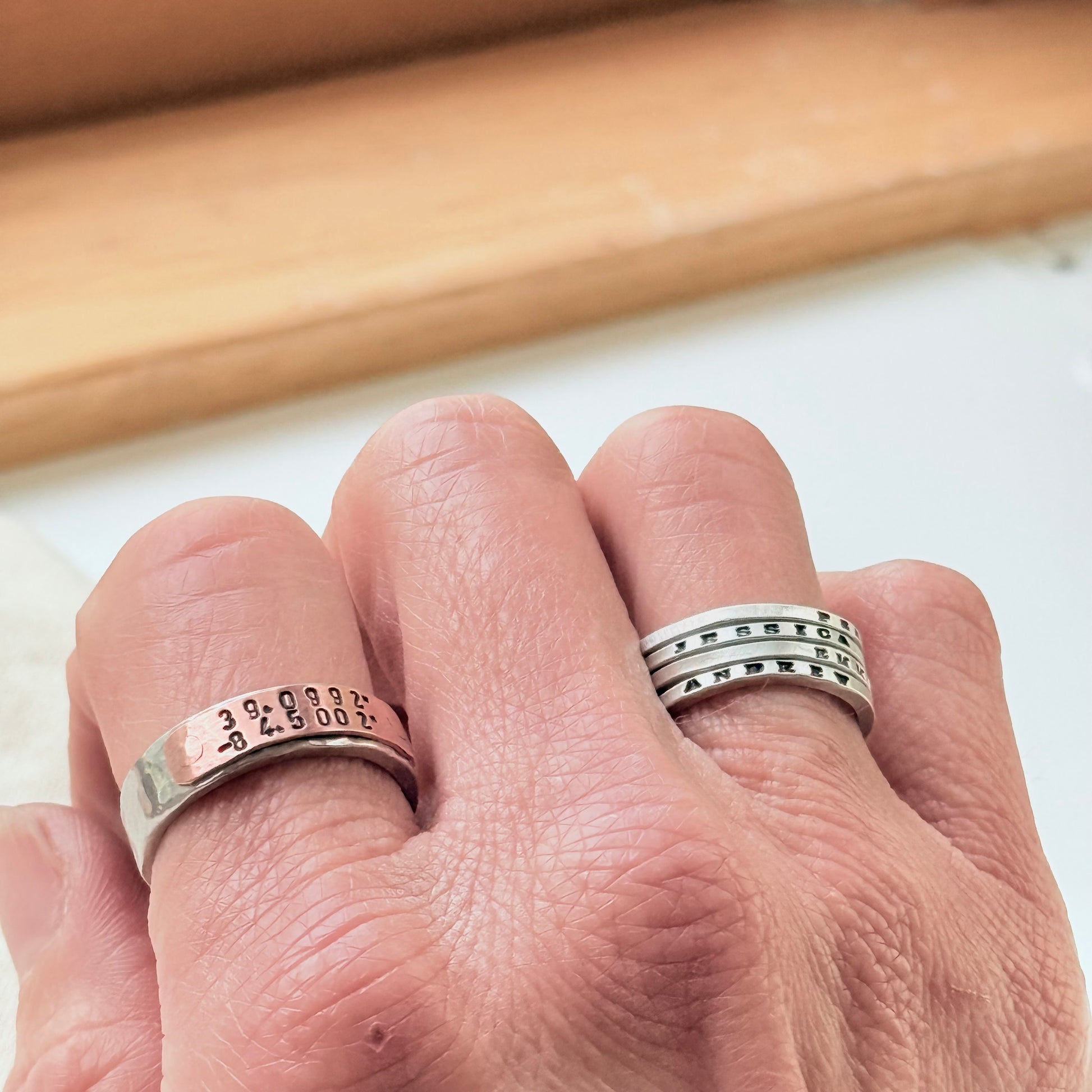 silver and copper hammered latitiude longitude ring for men or women - drake designs jewelry