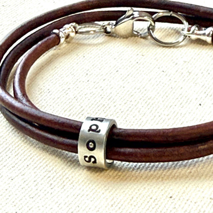 Triple wrapped Personalized Bracelet with Name Charms - Custom Leather for Men or Women - Drake Designs Jewelry