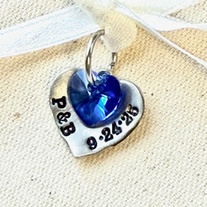 personalized something blue heart bouquet charm with blue crystal heart - drake designs jewelry