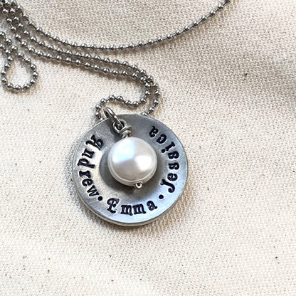Rustic personalized mom necklace with kids names and pearl - hand stamped jewelry