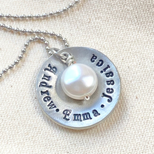 Rustic personalized mom necklace with kids names and pearl - hand stamped jewelry