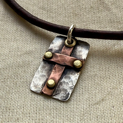 Sterling Silver and Copper Rustic Hammered Cross Necklace Hand Riveted Mixed Metal