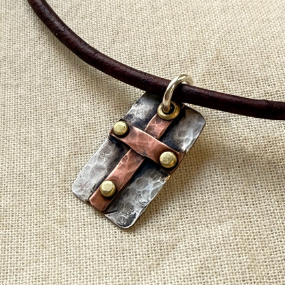 Sterling Silver and Copper Rustic Hammered Cross Necklace Hand Riveted Mixed Metal