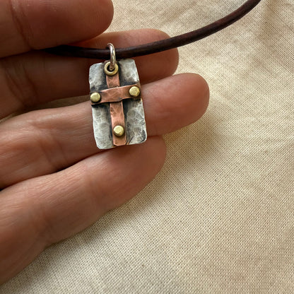 Sterling Silver and Copper Rustic Hammered Cross Necklace Hand Riveted Mixed Metal