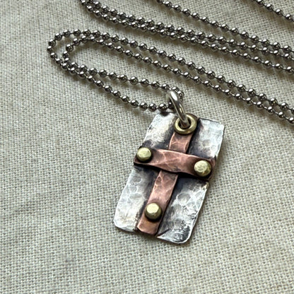 Sterling Silver and Copper Rustic Hammered Cross Necklace Hand Riveted Mixed Metal