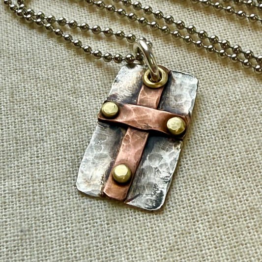 Sterling Silver and Copper Rustic Hammered Cross Necklace Hand Riveted Mixed Metal